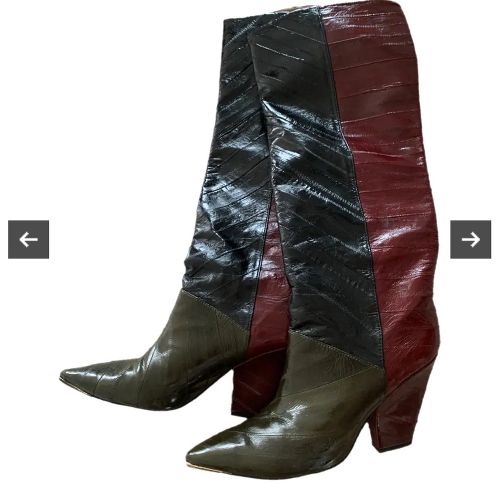 Tory Burch Lila Knee High Eel Leather Pull On Boots Sz 8 Stack Heel Color Block
